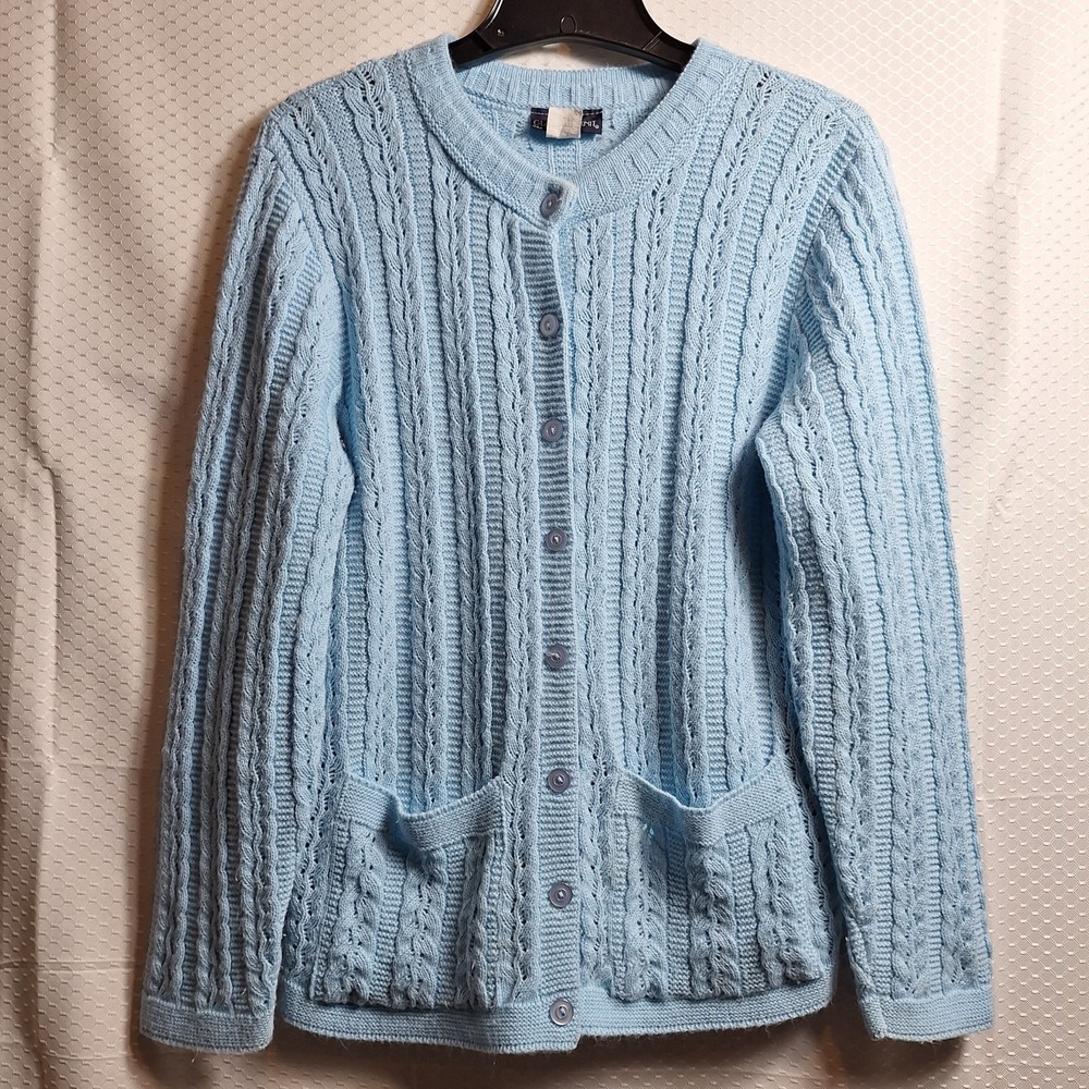 Vtg GLAMOUR KNIT Cable Cardigan Sweater Sz S Baby Blue Grannycore Made In USA